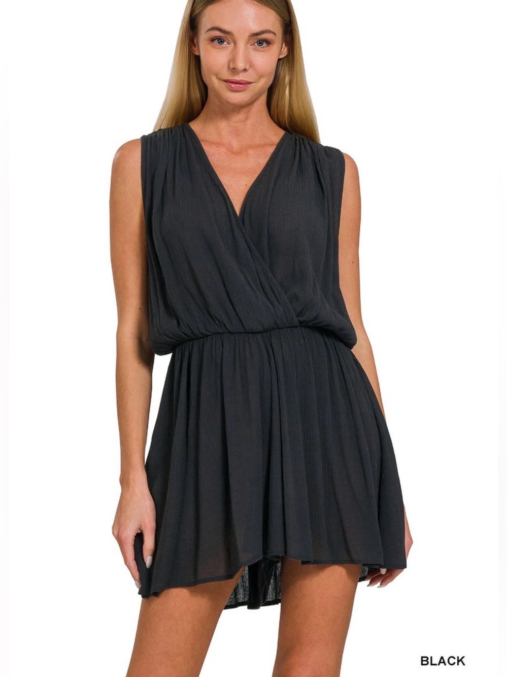 Zenana Crinkle Fabric Draped Open Back Black Whimsigoth Romper size Medium NEW - Picture 2 of 5